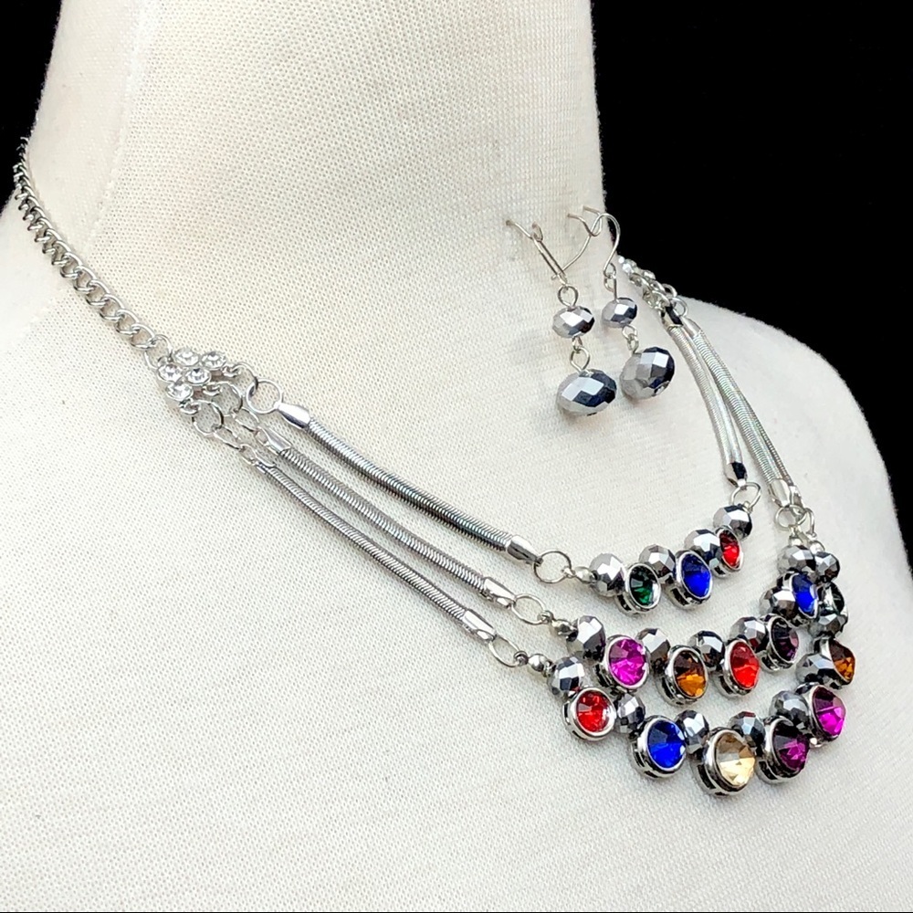 Multicolor Rhinestone Layered Silver Statement Necklace Earrings Set - Picture 2 of 3